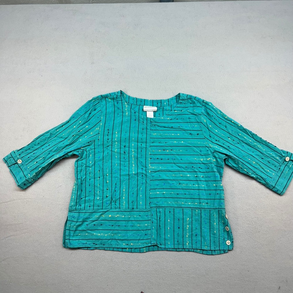 Alfred Dunner Petite PXL Teal Striped Textured 3/4 Sleeve top grannycore